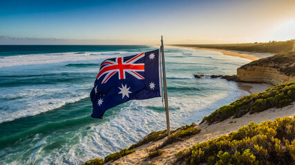 The Australian Flag displayed on the eastern beach of Moreton Island, Queensland, Australia