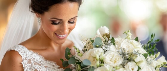 Obraz premium A joyful bride admires her beautiful floral bouquet, radiating happiness and love in a serene wedding setting.