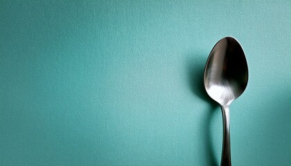淡いミントブルーの壁紙に反射する金属の光が美しい、シンプルで洗練されたクロームスプーンの演出
