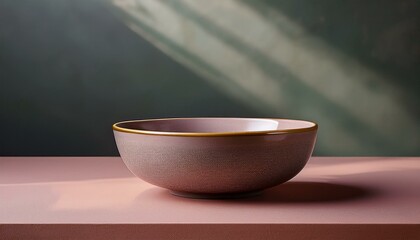 無彩色で調和の取れたスモーキーピンクの壁紙に配置されたシンプルなセラミックボウル
