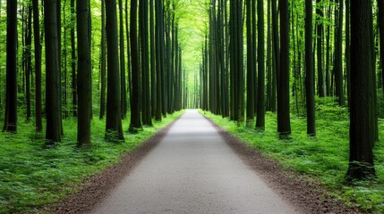 Obraz premium Green tree idea. Serene forest path surrounded by lush green trees and vibrant foliage.