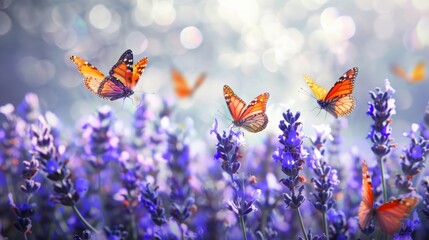 Colorful butterflies in lavender field.