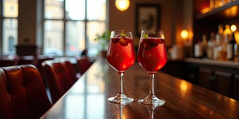 Two Sparkling Red Cocktails with Berries on a Polished Bar Top in a Relaxed Setting