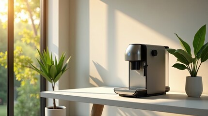 Modern single-serve coffee maker on a minimalist white table next to potted plants in a sunlit room