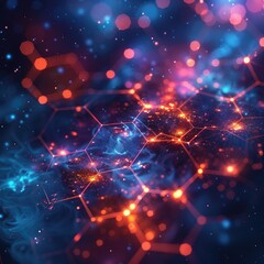 A vibrant digital representation of a cosmic scene with hexagonal patterns and glowing elements.