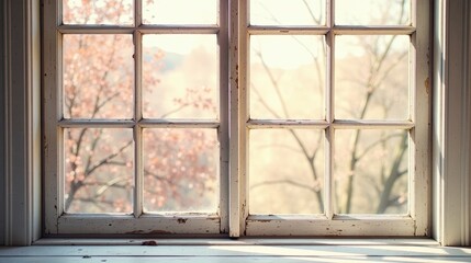 A weathered window pane offers a tranquil view of springtime blossoms and sunlit branches, showcasing the beauty of nature's gentle awakening through a rustic, aged frame.