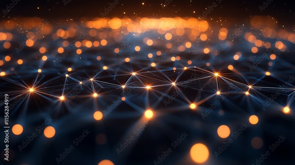 Poster Abstract digital network with glowing nodes and connections, representing technology and data.