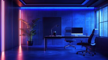 Neon-lit modern home office with computer, desk, chair, and plant.