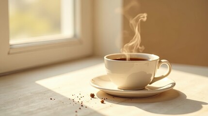 Fototapeta premium Warm morning beverage in a white cup, sunlight streaming through a window, crumbs nearby.