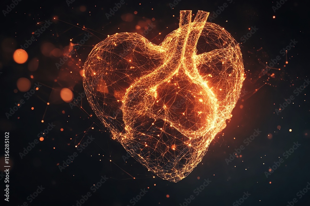 Poster A glowing, abstract heart shape created from interconnected lines and particles.