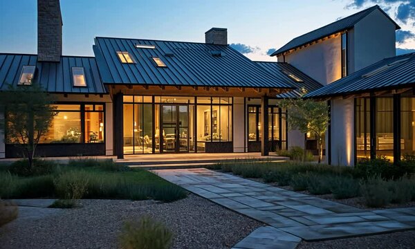 Modern Farmhouse Residence at Dusk, Illuminated Exterior and Landscaping
