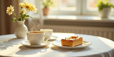 Fototapeta premium A peaceful morning scene featuring a steaming cup of coffee, a delicious pastry, and a bouquet of cheerful yellow flowers, bathed in the warm glow of sunlight.
