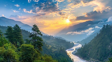 Colorful landscape with high Himalayan mountains, beautiful curving river, green forest, blue sky with clouds and yellow sunlight at sunset