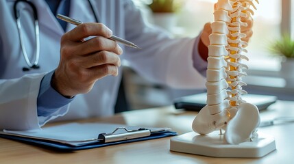 Doctor showing spine model to patient in office. Medical and healthcare concept.