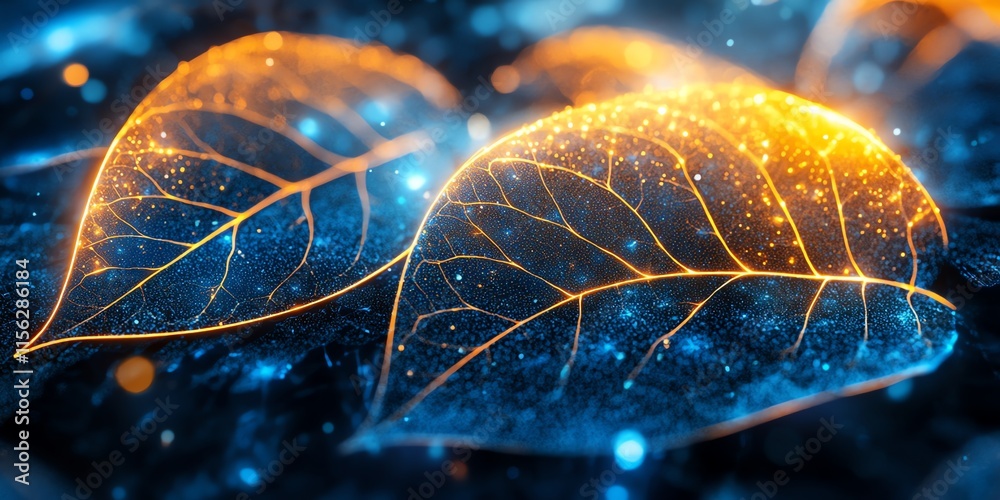 Poster a close-up of glowing leaves with a mystical, sparkling effect.