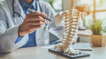 Doctor showing spine model to patient in office. Medical and healthcare concept.