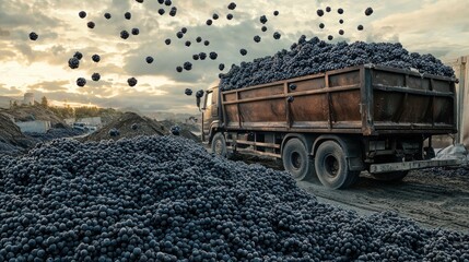 Obraz premium Truck loading dark spherical objects at construction site.