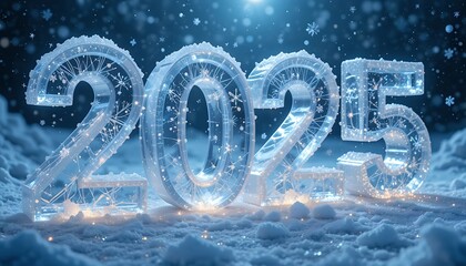 Ice-Themed 2025 Numbers with Snowflakes and Winter Glow