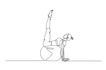 Woman working out using fitness ball continuous one line drawing. Young lady exercises using gym ball in single line art illustration. Editable vector.
