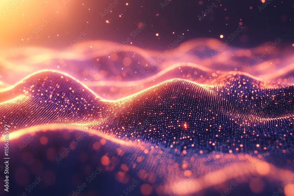 Poster Abstract visualization of flowing waves with glowing particles and soft lighting.