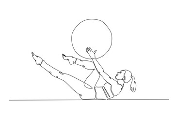 Woman working out using fitness ball continuous one line drawing. Young lady exercises using gym ball in single line art illustration. Editable vector.