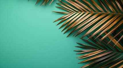 Fototapeta premium Tropical frame concept. Vibrant green palm leaves against a mint green background, perfect for warm themes.