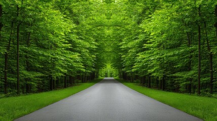 Fototapeta premium Green tree idea. A serene road surrounded by lush green trees under sunny skies.