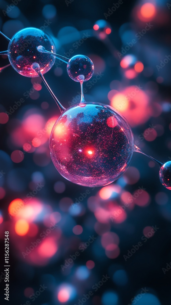 Poster abstract depiction of molecular structures in vibrant colors, representing scientific concepts.
