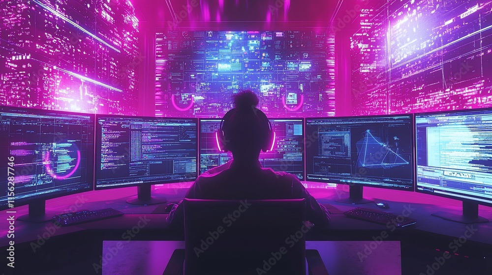 Poster hacker woman working on multiple monitors in a dark room with neon lights.