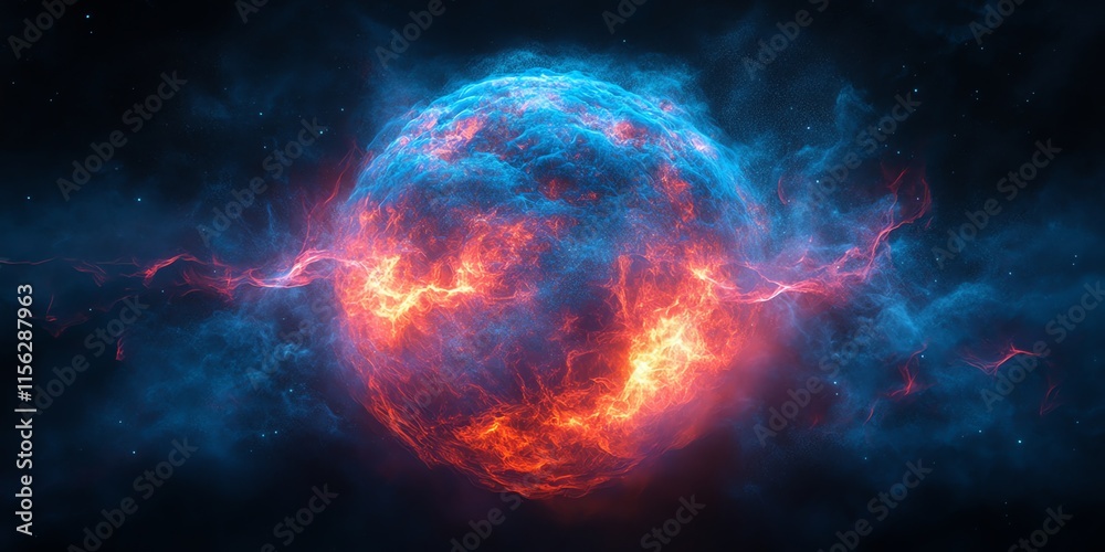 Poster a vibrant cosmic scene depicting a glowing planet surrounded by colorful energy and clouds.