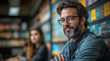 Fototapeta premium Man with glasses smiles near colorful wall