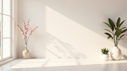 Serene Minimalist Interior Design with Blooming Flowers and Lush Greenery in Sunlight