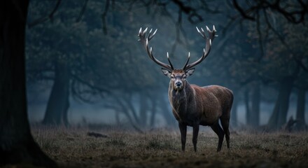 Majestic Red Deer Stag in a Misty Forest