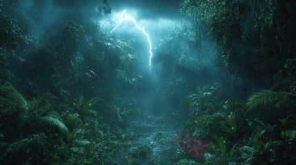 Fototapeta premium Lush rainforest path during stormy night, lightning illuminates path. Perfect for adventure, thriller, or nature documentaries needing a dramatic setting.