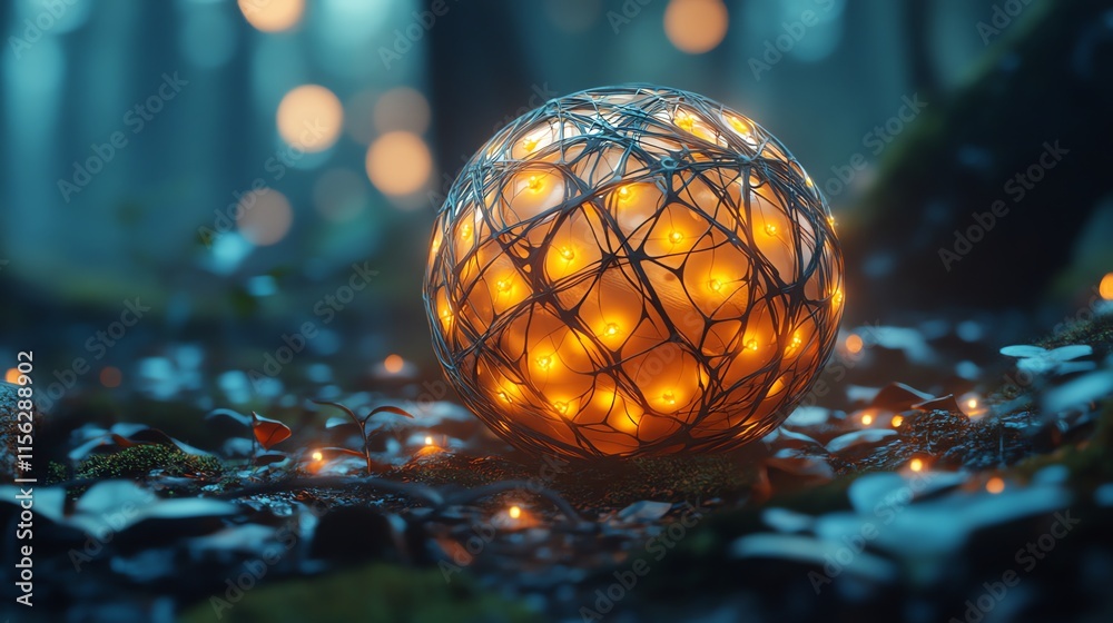 Aufkleber a glowing orb surrounded by nature, emanating warmth and light in a tranquil forest setting.
