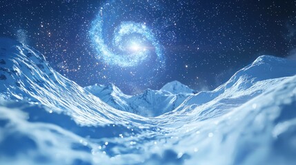 Magical spiral galaxy over snowy mountains at night.