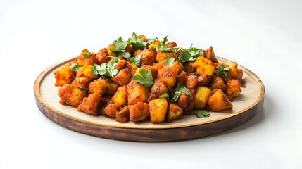 Delicious fried potatoes with herbs and spices on a white isolated wooden board