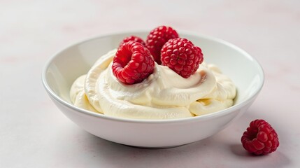 Creamy Whipped Topping with Fresh Raspberries in a White Bowl, a Simple and Delicious Dessert Delight