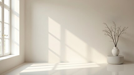 Fototapeta premium Serene Minimalist Interior Design Sunlight Illuminates a Room Featuring a Simple White Vase with Dried Branches on a Round Pedestal