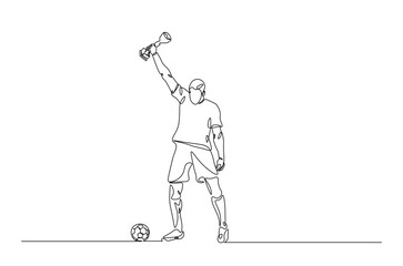 Football player holding ball and trophy continuous one line drawing. Football player with trophy in single line art illustration. Editable vector.