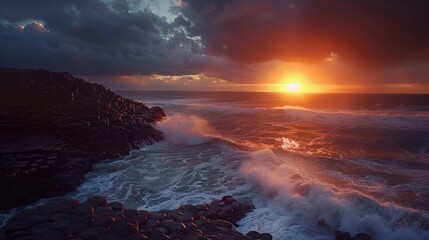 Dramatic sunset at the Giant's Causeway in Northern Ireland