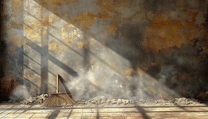 Dusty broom leans against a crumbling wall, sunbeams slicing through the debris. Depicts post-demolition cleanup or aged, forgotten space.