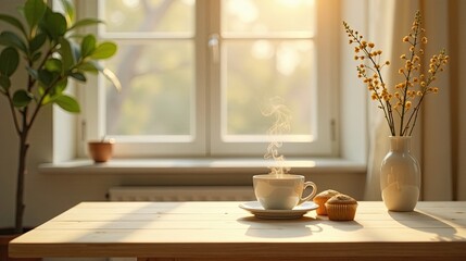 A steaming cup of coffee rests on a sunlit wooden table, accompanied by delectable muffins, near a vase of bright yellow flowers by a window.