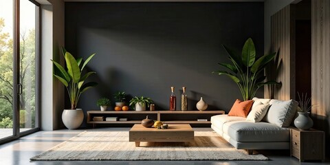 Fototapeta premium Modern minimalist living room design with a neutral color palette and natural elements