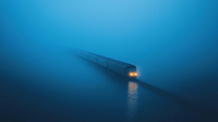 Train disappearing into dense fog at night.