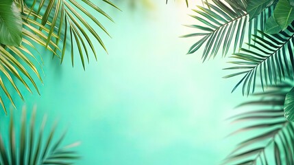 Tropical frame concept. Vibrant tropical leaves frame a serene turquoise background, evoking a peaceful atmosphere.