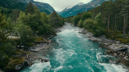 Drone high-angle photo of the turquoise-colored mountain river flowing in the pine woodland with a view of the mountain peaks in the background in Innlandet County, Norway