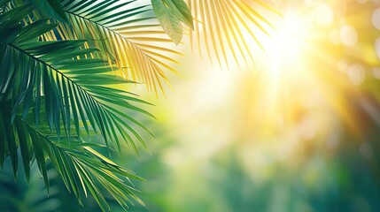Obraz premium Tropical frame concept. Sunlight filters through vibrant green palm leaves, creating a serene natural ambiance.