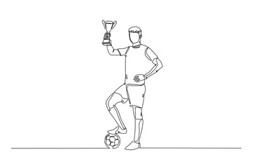 Football player holding ball and trophy continuous one line drawing. Football player with trophy in single line art illustration. Editable vector.