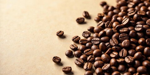 Fototapeta premium Aromatic roasted coffee beans scattered on a light brown surface, creating a visually appealing and inviting image perfect for coffee-related projects